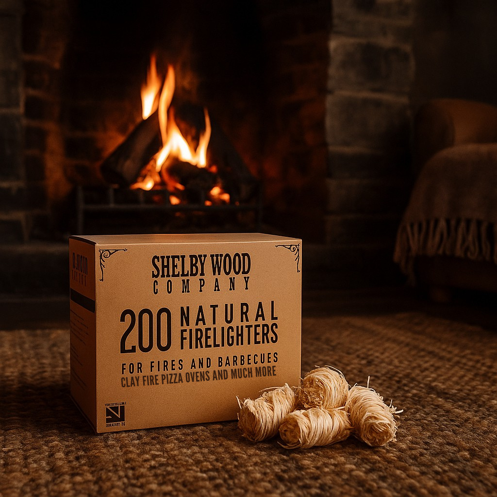 A roaring fire in a log burner lit with Shelby natural wood wool firelighters
