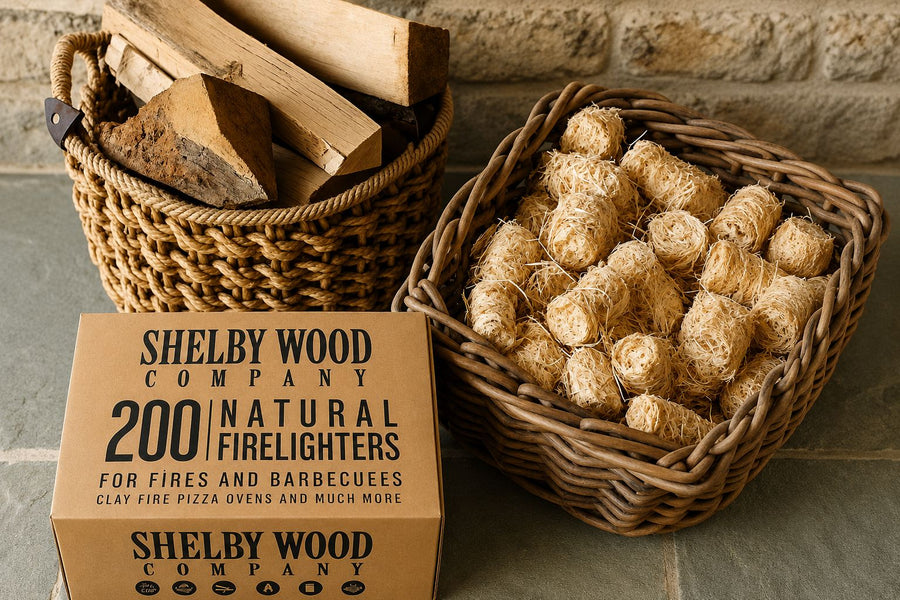 Shelby natural wood wool firelighters in a basket beside a box of 200 firelighters