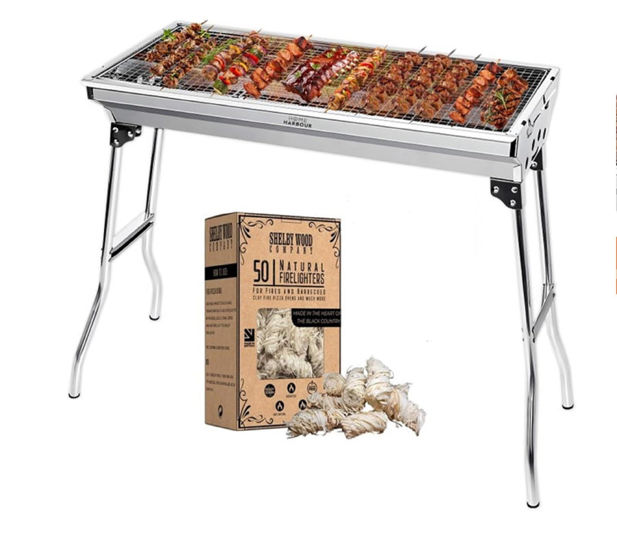 Folding Stainless-Steel Charcoal BBQ Grill & 50 Eco Firelighters