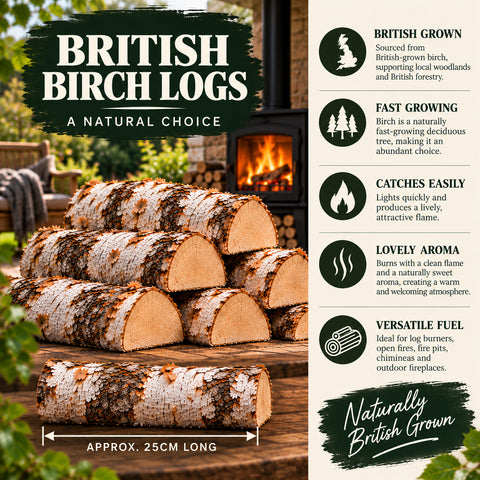 30kg BRITISH Kiln Dried Birch Hardwood Logs