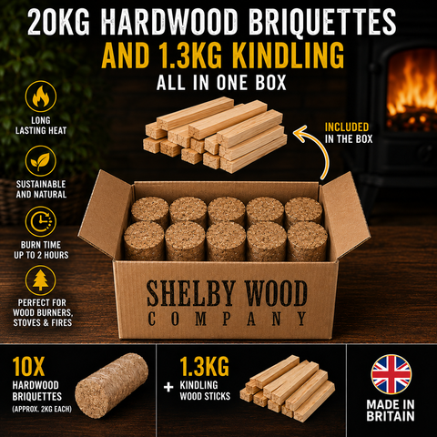 20kg Hardwood Briquettes + 1.3kg Kindling Wood Sticks Bundle