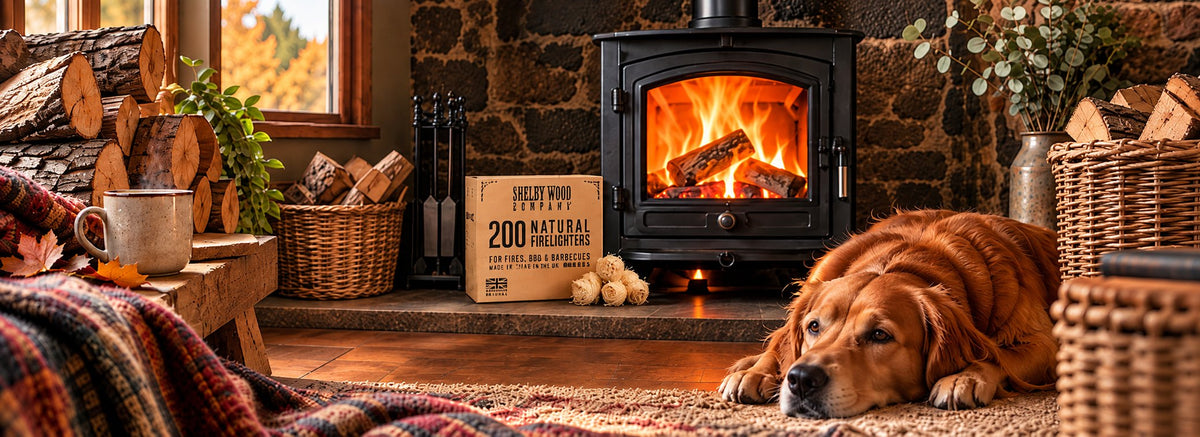 Lit log burner with Shelby Wood Company natural firelighters, kindling and logs by the hearth