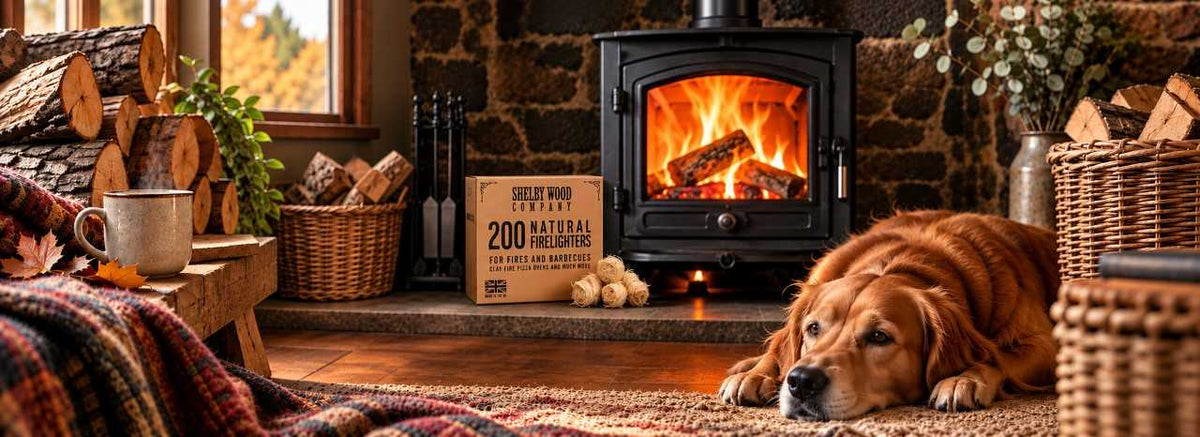 Lit log burner with Shelby Wood Company natural firelighters, kindling and logs by the hearth